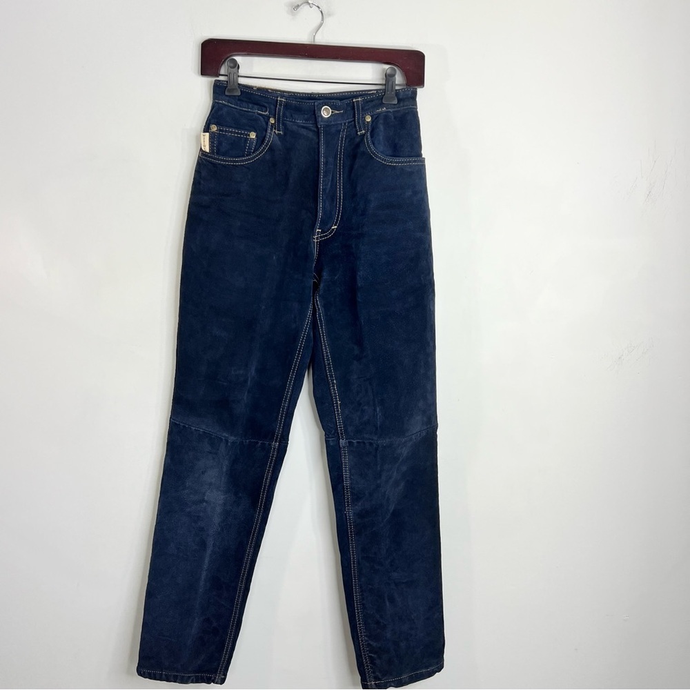 Vintage 80s 90s Wash & Wear genuine suede dark blue high rise slim fit pants 24 - Picture 4 of 15